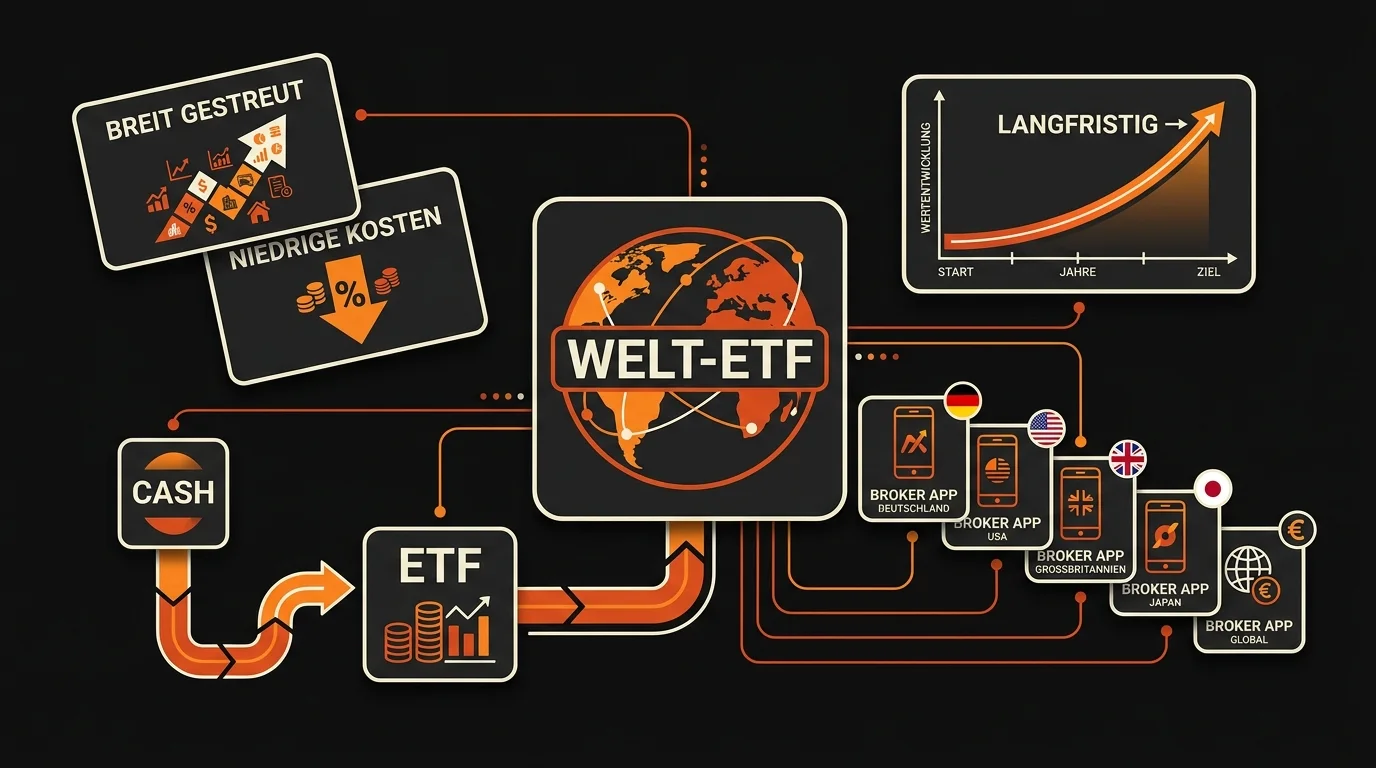 Passives Index-Investing: ein Welt-ETF im Zentrum, Cash fließt in ETFs, mehrere Broker-Apps über Länder verteilt und ein langfristiger Aufwärts-Chart